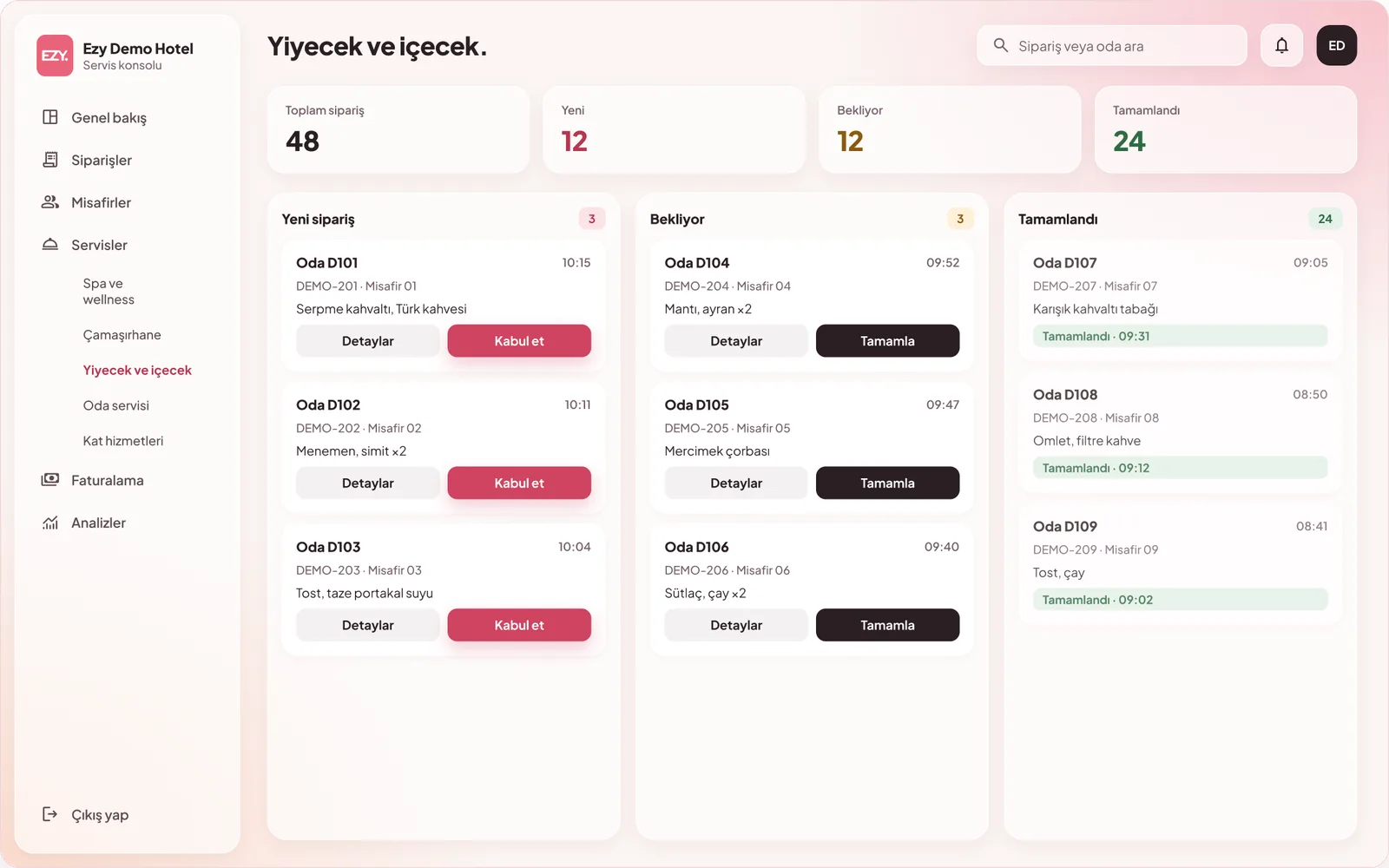 Hizmet panosu: Yeni sipariş, Bekliyor ve Tamamlandı sütunlarında sipariş kartları