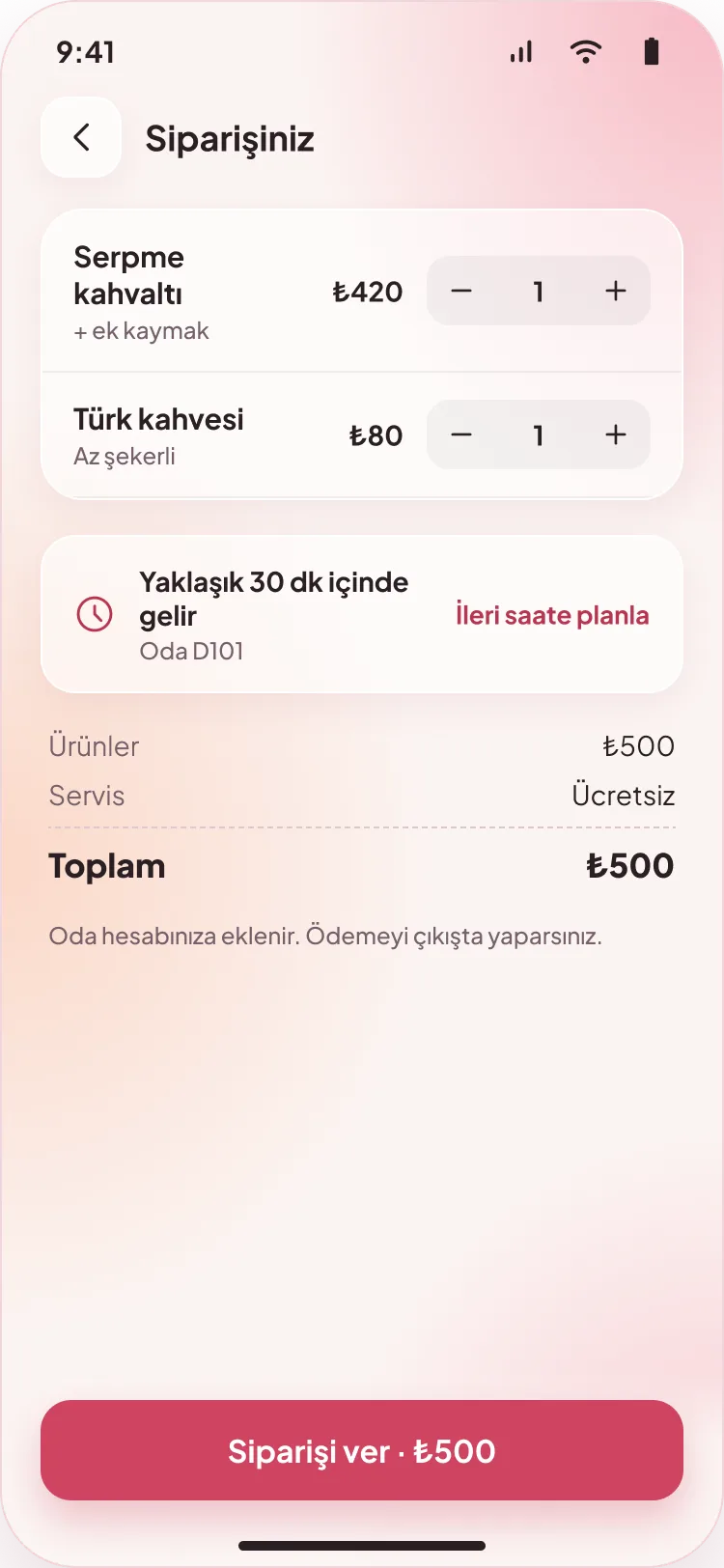 Misafir uygulamasında sipariş sepeti: serpme kahvaltı ve Türk kahvesi, toplam tutar ve teslim süresi