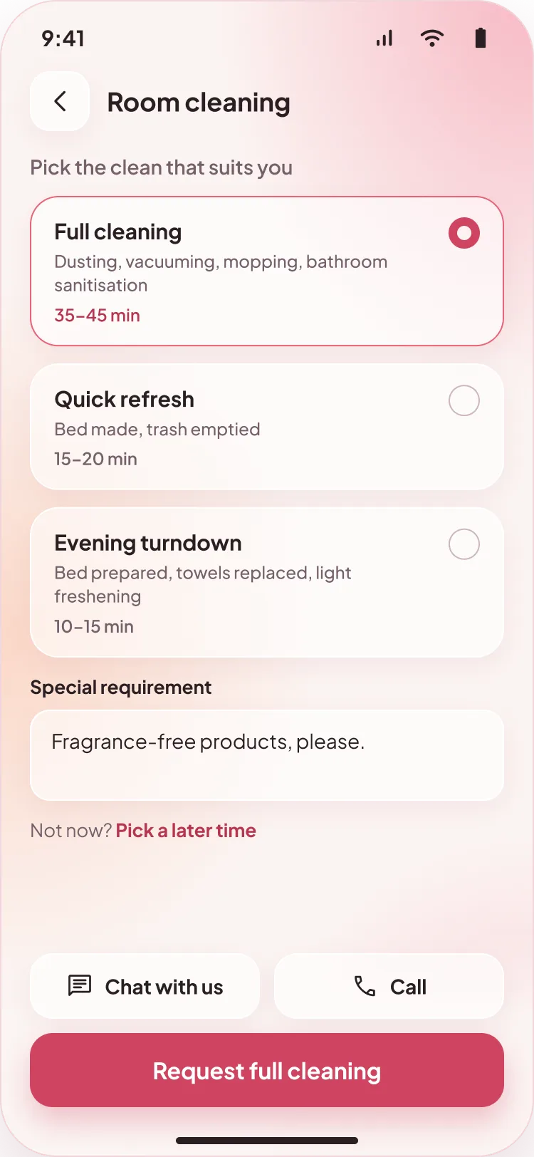 Room cleaning screen: full cleaning, quick refresh and evening turndown options