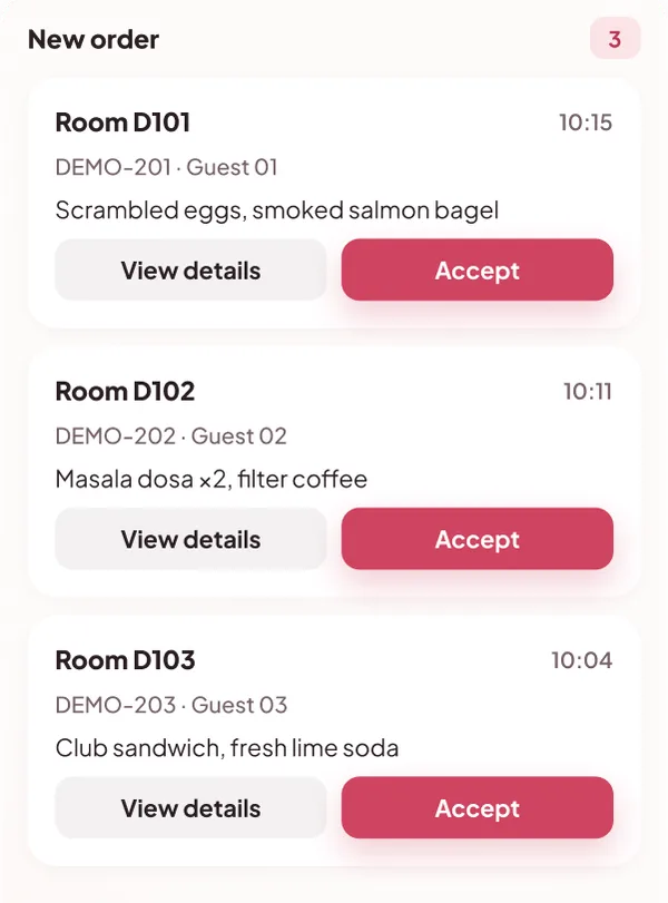 The New order column of the service board: three order cards, each with View details and Accept buttons