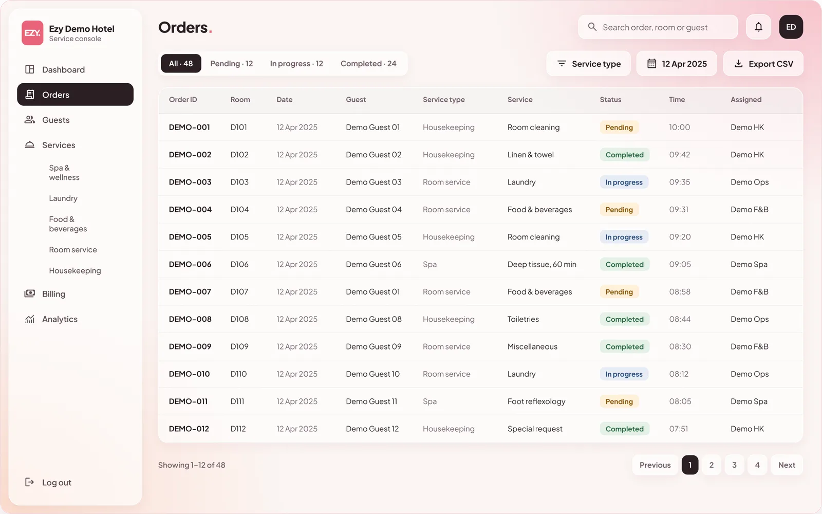 Orders screen: a list with room, guest, service, status and assignee columns